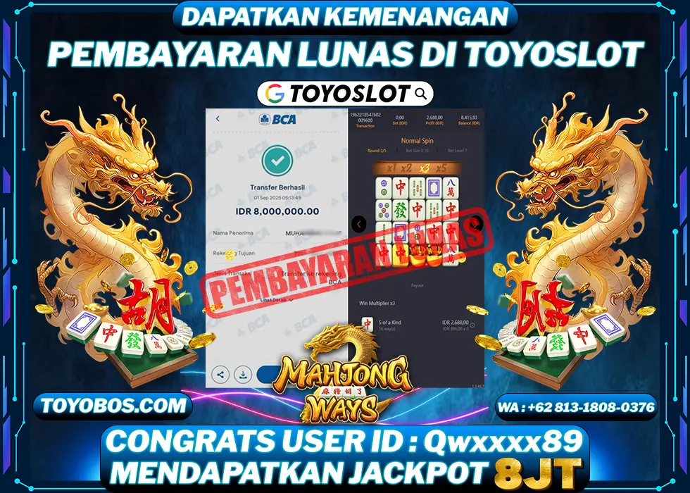 TOYOSLOT - BUKTI KEMENANGAN Mahjong Ways Rp8,000,000,- LUNAS